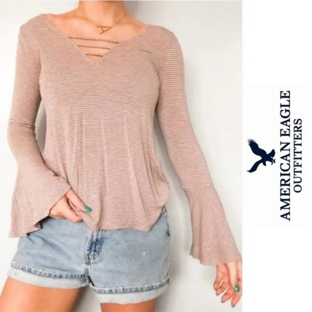 AMERICAN EAGLE Purple & White Striped Top Small Bell Sleeves